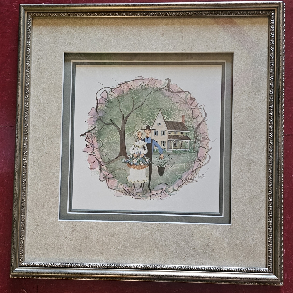 Framed Folk Couple Wall Art in Green and Pink